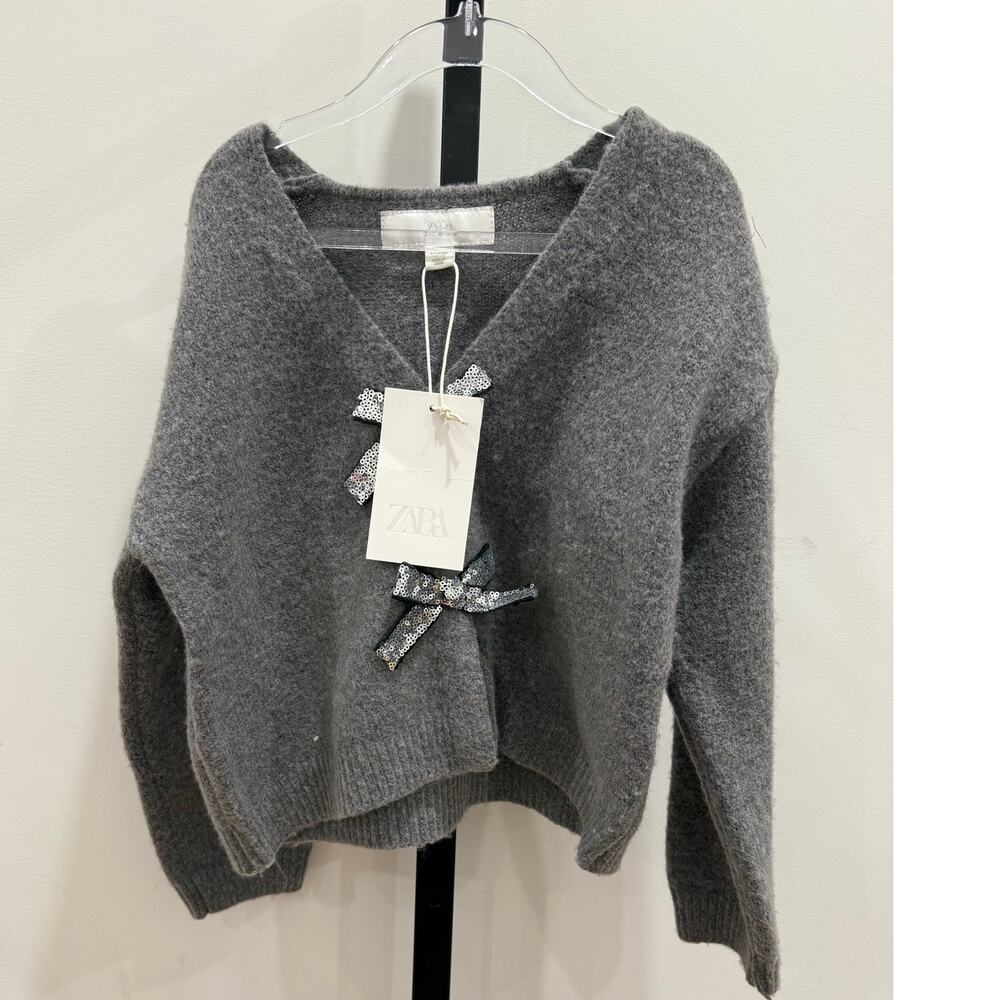 Zara - Girls 6-7 Grey Sweater with Sparkle Bow Closure -NWT